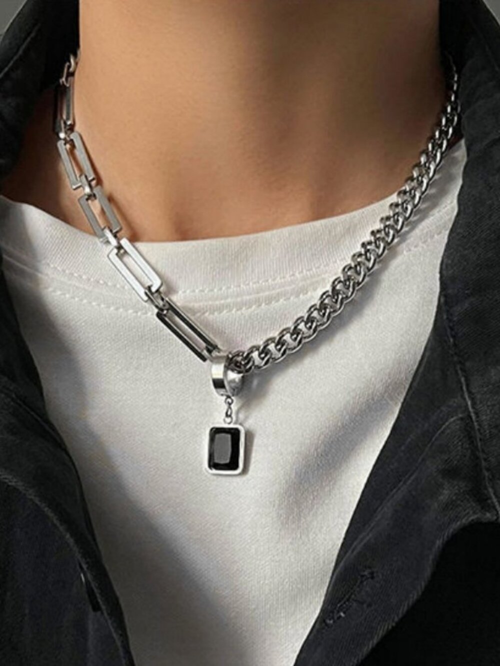 ✨"Sol" Chunky Curb & Paperclip Chain Rectangle Black Gem Pendant Necklace